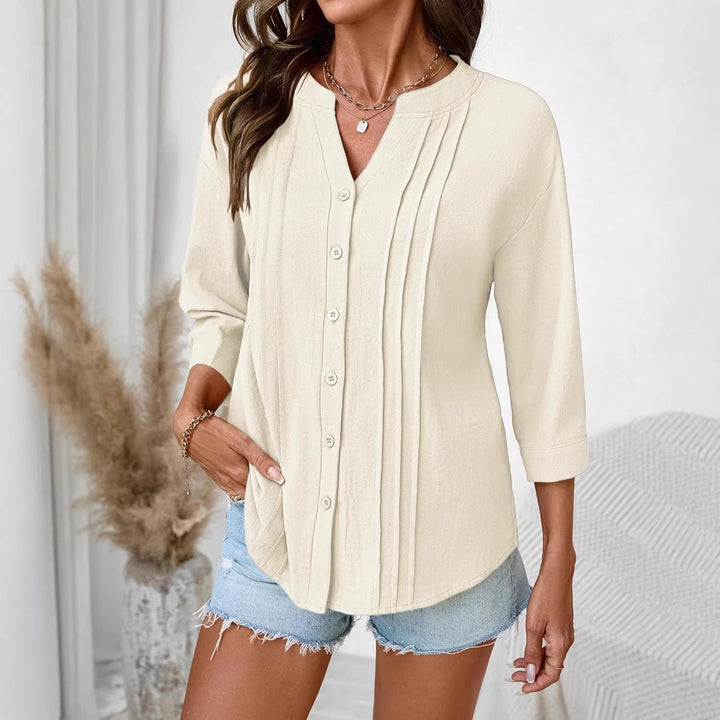 Women Loose Tunic Shirt with Pleats and Three-Quarter Sleeves Mune Fashion