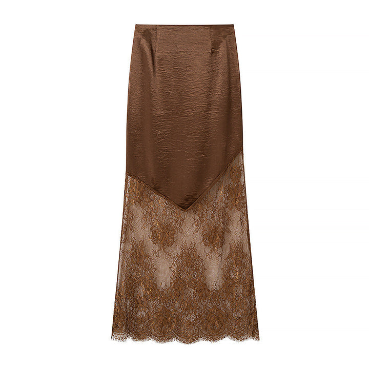 Women’s midi skirt made of satin with pointed front and transparent lace trim Mune Fashion