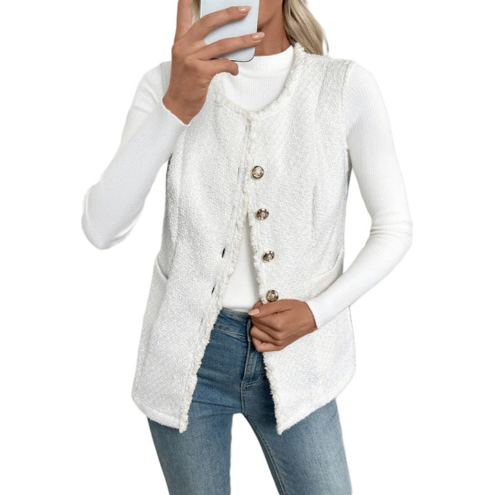 Women's Boucle Vest with Decorative Buttons, Fringe Trim and Pockets Mune Fashion