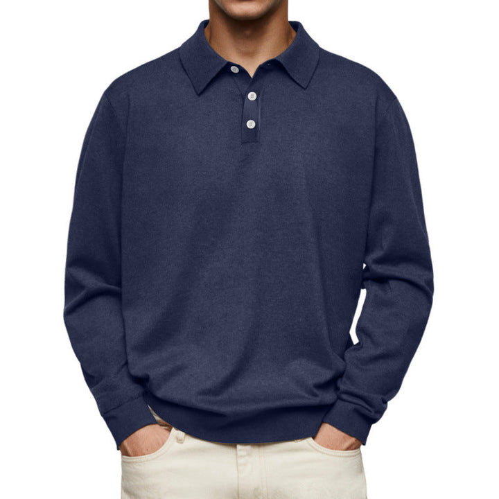 Men's Fine Knit Long Sleeve Polo Shirt with Placket and Collar Mune Fashion