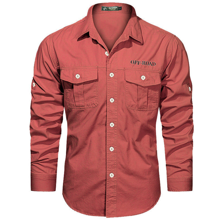 Men's robust utility shirt with double chest pockets and arm roll tab