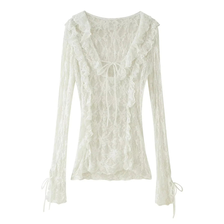 Women's lace blouse with deep V neckline, ruffled front and bell sleeves with tie bands Mune Fashion