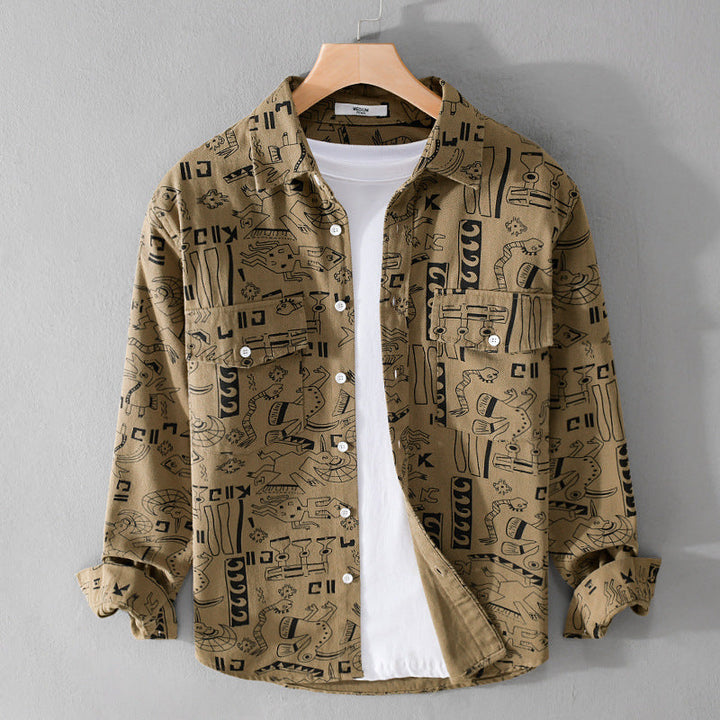 Men's Lightweight Cotton Overshirt with Artistic Line Print and Double Chest Pocket Mune Fashion
