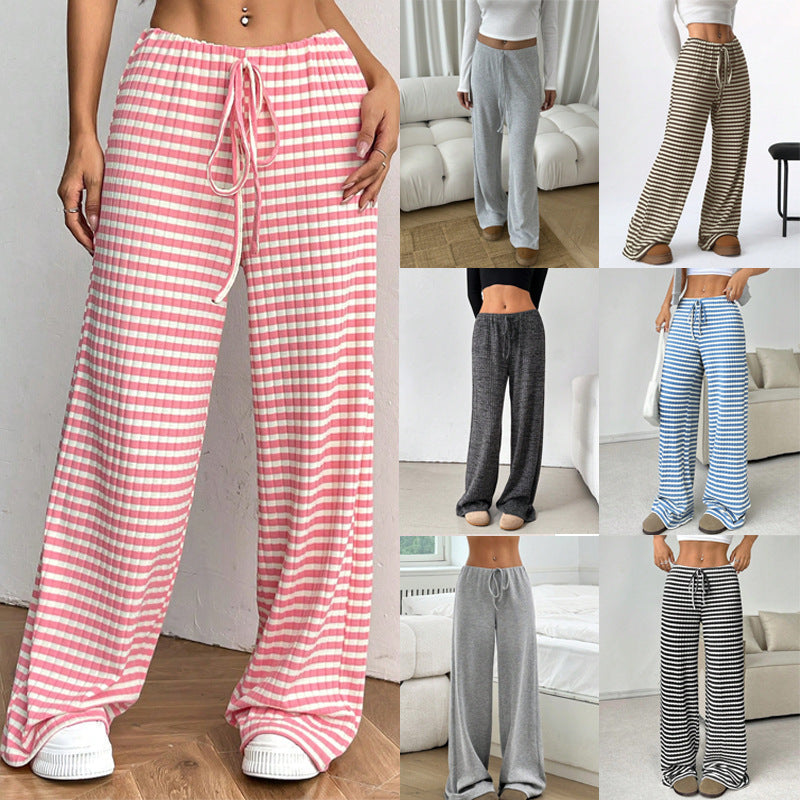 Women's loungewear pants with wide leg, ribbed fine knit and drawstring Mune Fashion