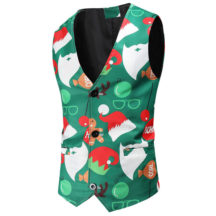Men's Festive Satin Waistcoat with Christmas Design, Tailored Fit and V-Neck Mune Fashion