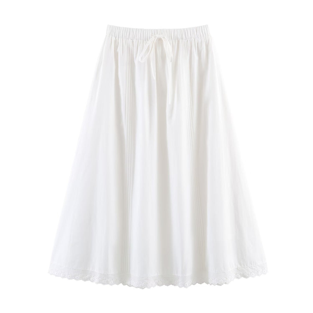 Women's midi skirt with elastic waistband, pleated details and embroidered lace trim Mune Fashion