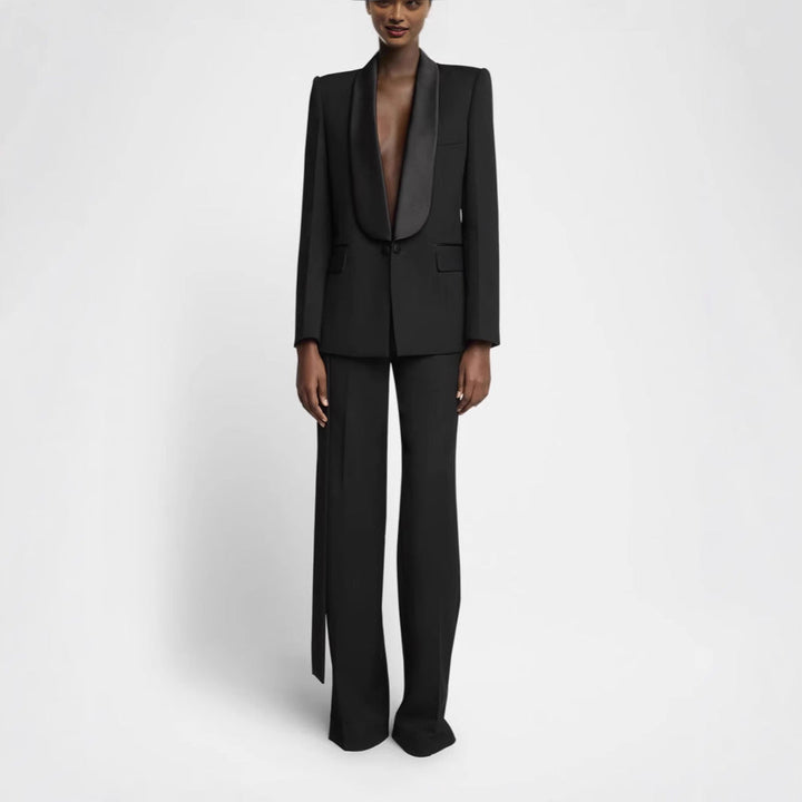 Women's Elegant Tuxedo Set with Satin Shawl Collar and Wide Palazzo Pants Cut Mune Fashion