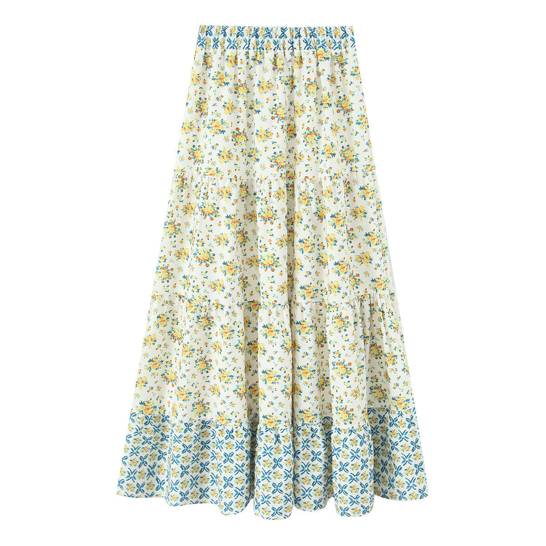 Women's Long Tiered Skirt with Floral Allover Print, Elastic Waistband and Ruffled Panels Mune Fashion