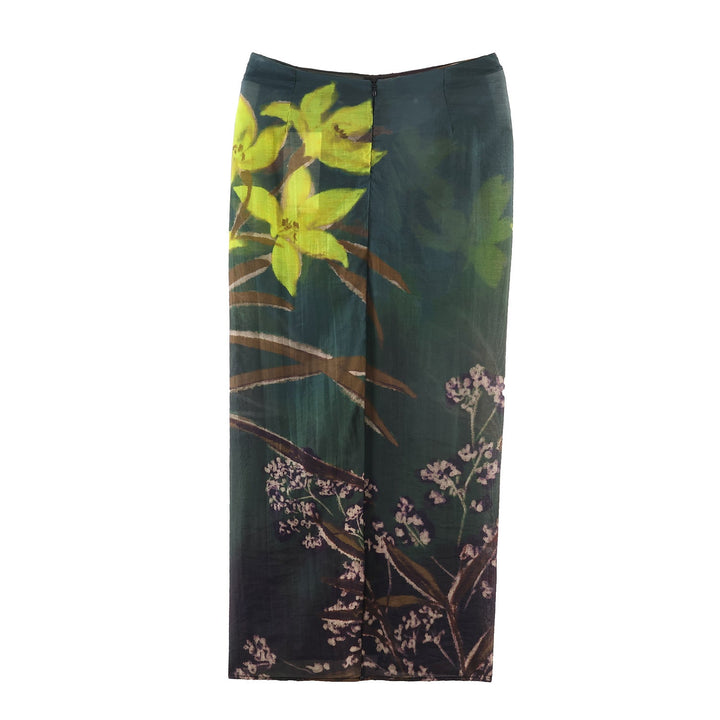Women's flowing maxi skirt with draping at the waistband and floral watercolor print Mune Fashion