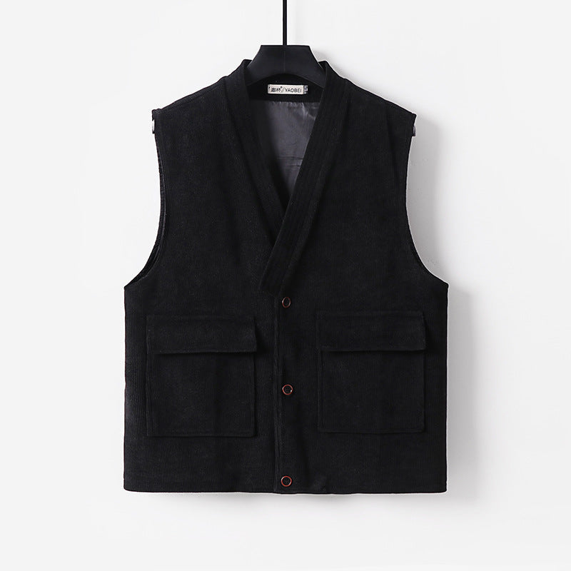 Men's cord waistcoat with V-neck, stand-up collar, and large flap pockets Mune Fashion