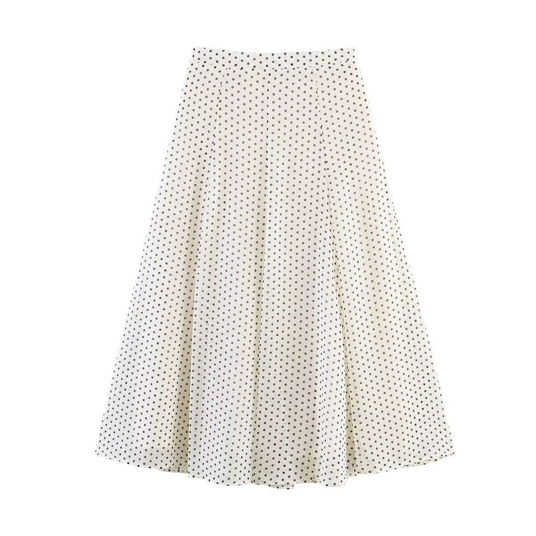 Ladies Flowing Midi Skirt in Vintage Polka Dot Design with Flared Plate Cut Mune Fashion