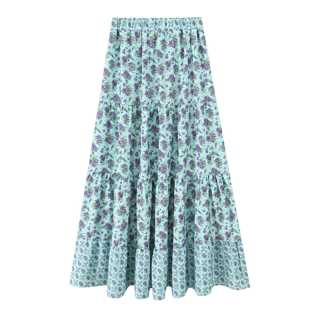 Women's Long Tiered Skirt with Floral Allover Print, Elastic Waistband and Ruffled Panels Mune Fashion