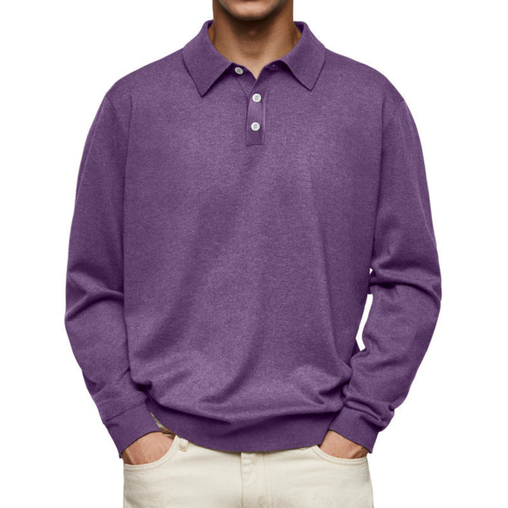 Men's Fine Knit Long Sleeve Polo Shirt with Placket and Collar Mune Fashion