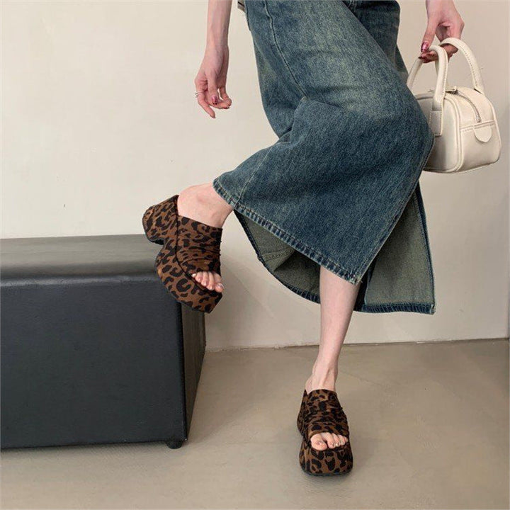 Women's Platform Slippers with Leopard Print and Knotted Bandage Mune Fashion