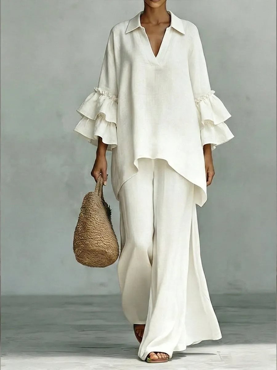 Ladies Linen Loungewear Set with Ruffle Sleeves and Wide Palazzo Pants Mune Fashion