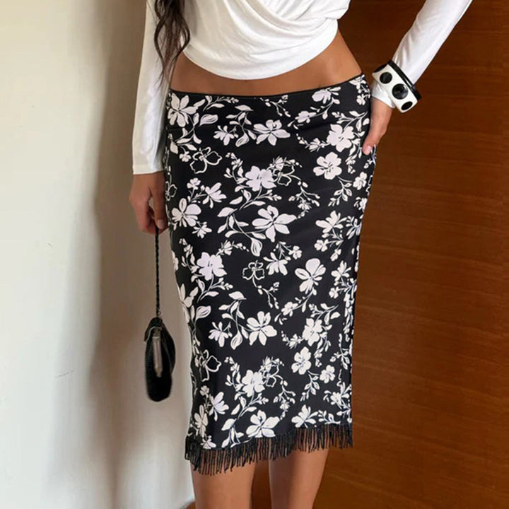 Women Midi Skirt Pencil Skirt with Floral Print and Fringe Trim Mune Fashion