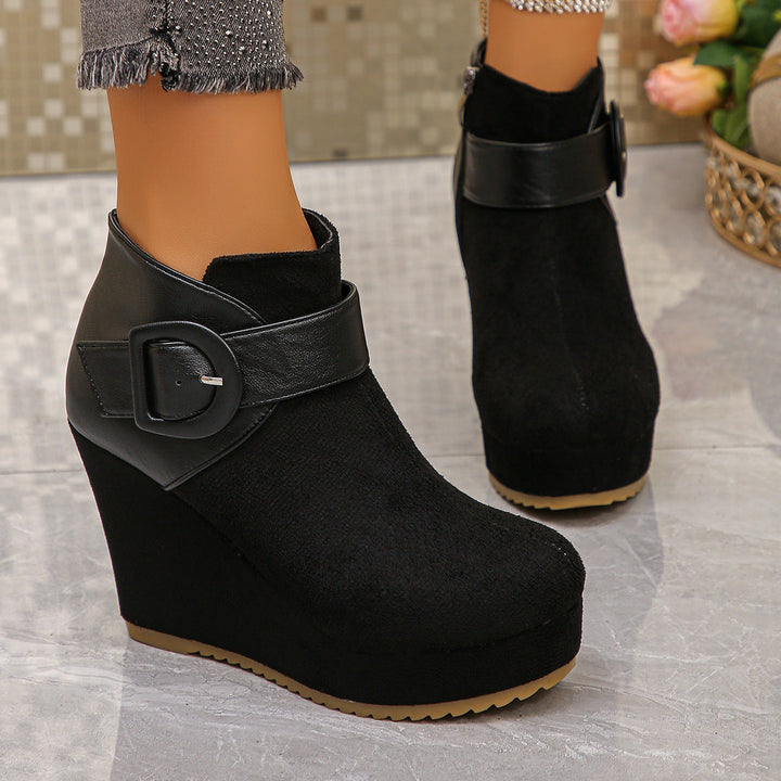 Women's Fashion Wedge Ankle Boots with Zipper and Buckle Detail Mune Fashion