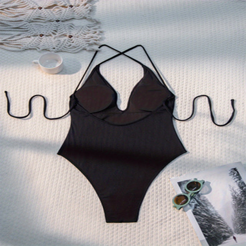 Women's One-Piece Swimsuit with Deep V-Neck and Sophisticated Ties Mune Fashion
