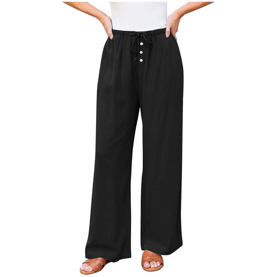 Women Linen-Look Pants with Wide Leg, Elastic Waist, Drawstring and Button Detail Mune Fashion