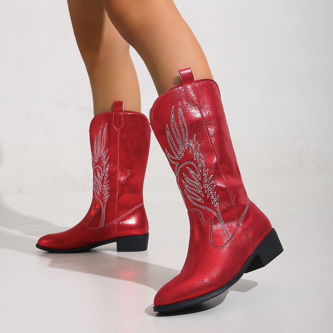 Women's Cowgirl Knee-High Boots with Decorative Embroidery, Pull-Tabs and Comfortable Block Heel Mune Fashion