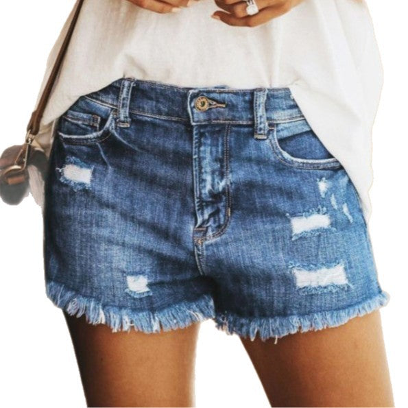 Women's Denim Shorts with Frayed Hems and Distressed Details