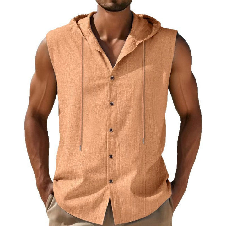 Men's sleeveless hooded shirt in linen look with wooden button placket Mune Fashion