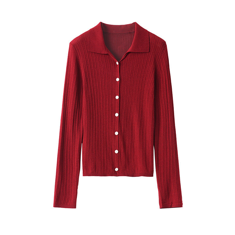 Women’s fine-knit cardigan with ribbed texture, button placket, and polo collar Mune Fashion