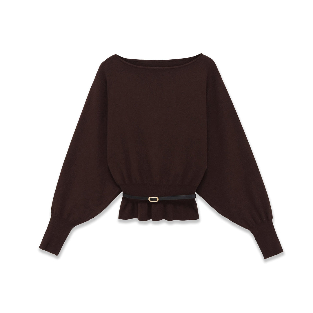 Women's bat sweater with wide sleeves, gathered waist and narrow belt Mune Fashion