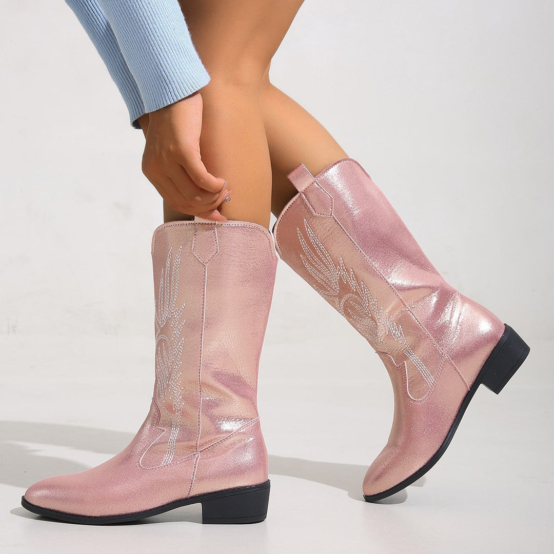 Women's Cowgirl Knee-High Boots with Decorative Embroidery, Pull-Tabs and Comfortable Block Heel Mune Fashion