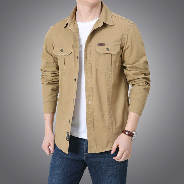 Men's urban worker shirt made of washed cotton twill with double chest pockets and contrast stitching.