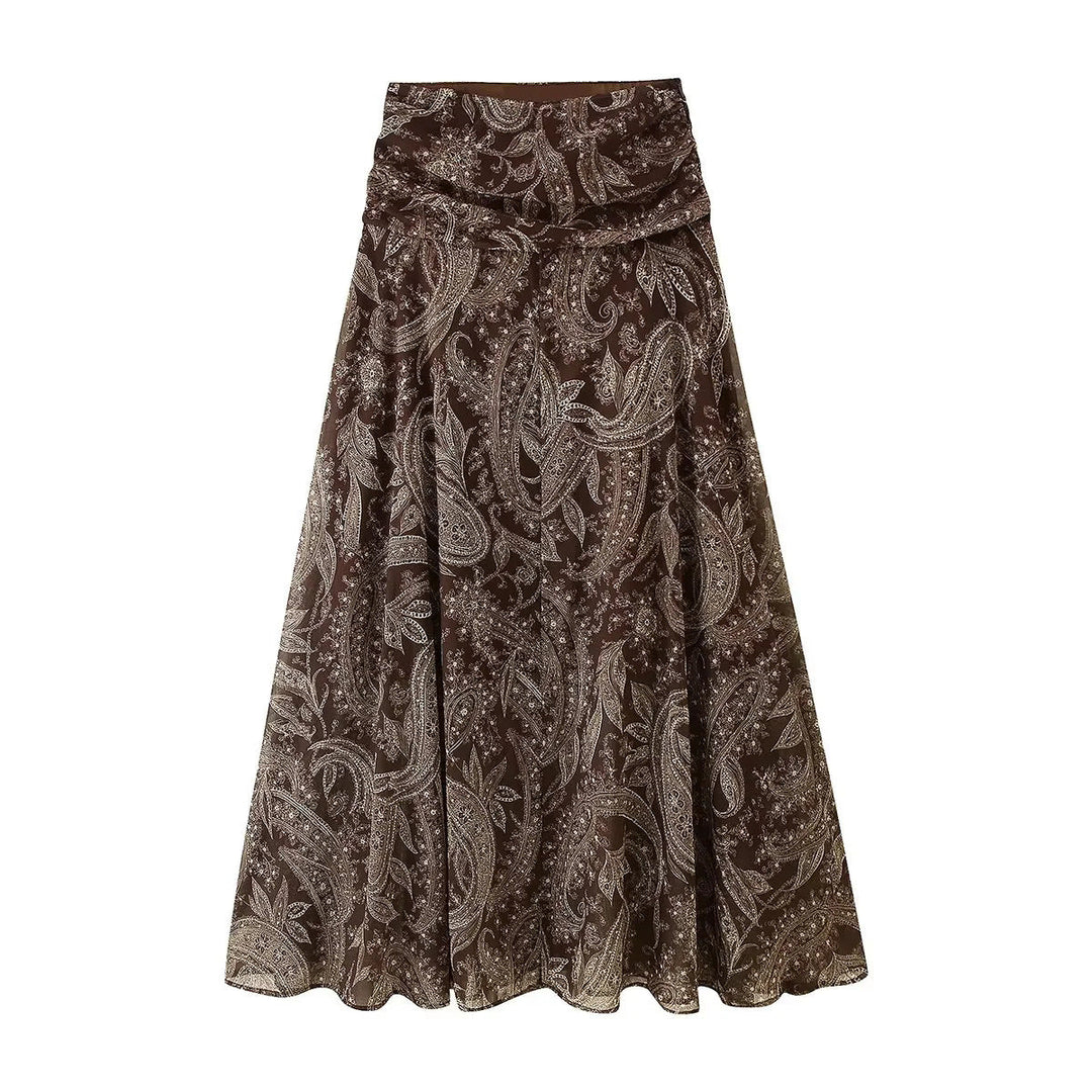 Women's flared maxi skirt with high waist, pleated waistband and paisley print Mune Fashion