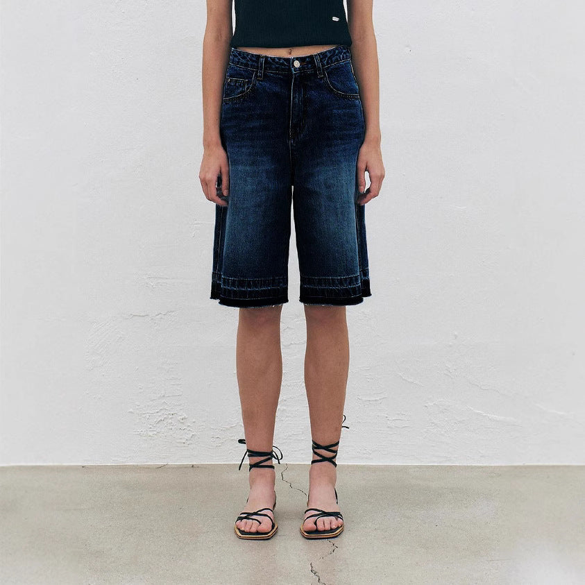 Women's High-Waisted Wide-Leg Denim Shorts with Textured Finish