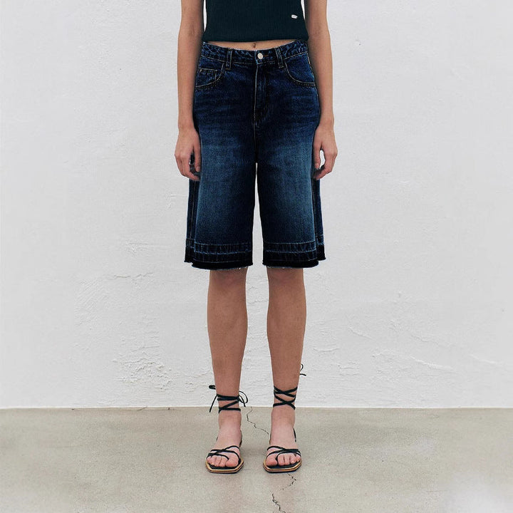 Women's High-Waisted Wide-Leg Denim Shorts with Textured Finish