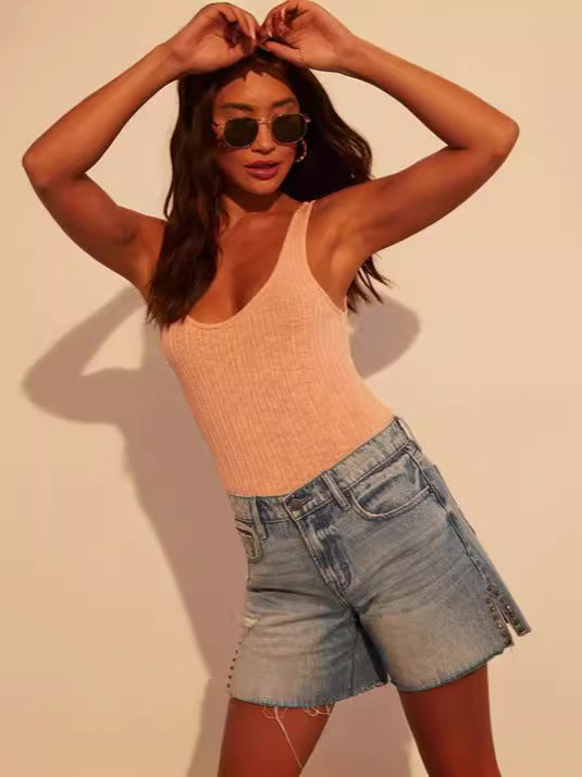 Women's Casual Denim Shorts with Studs and Frayed Hem