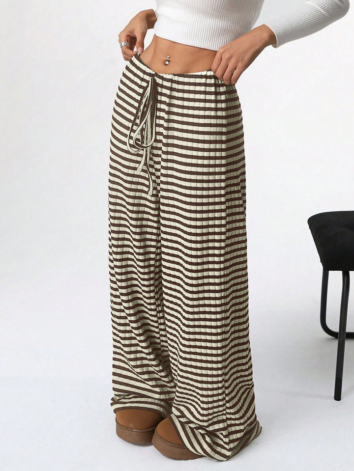 Women's loungewear pants with wide leg, ribbed fine knit and drawstring Mune Fashion