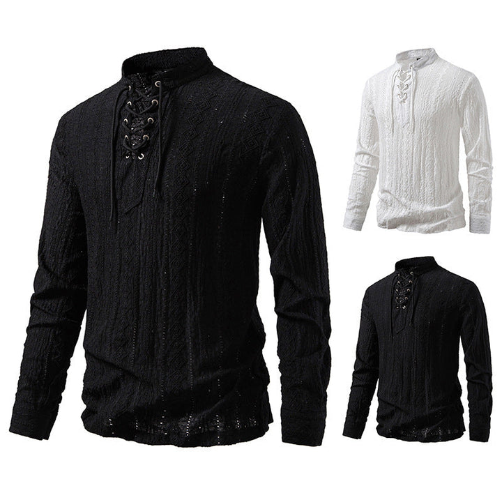 Men's Fine Structure Henley Long Sleeve Shirt with Lacing and Stand-up Collar Mune Fashion