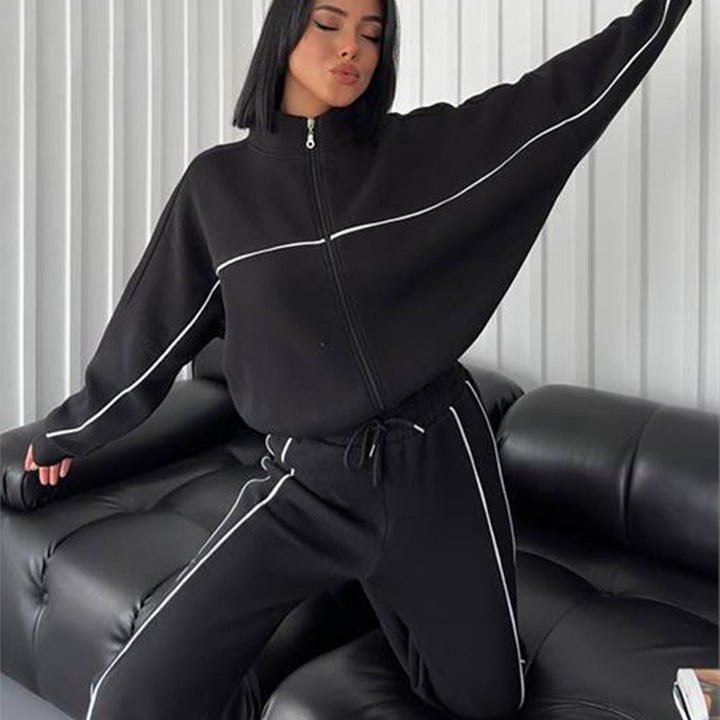 Women's casual sweatset with stand-up collar zip cropped jacket and high-waisted flared pants Mune Fashion