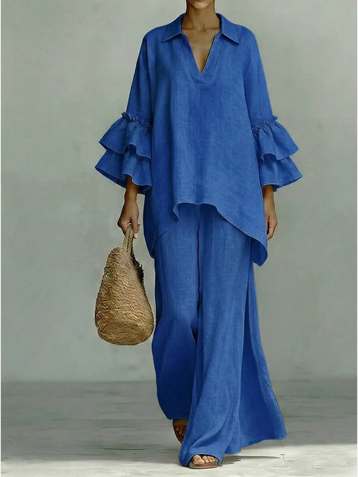Ladies Linen Loungewear Set with Ruffle Sleeves and Wide Palazzo Pants Mune Fashion