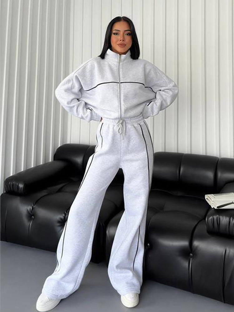 Women's casual sweatset with stand-up collar zip cropped jacket and high-waisted flared pants Mune Fashion