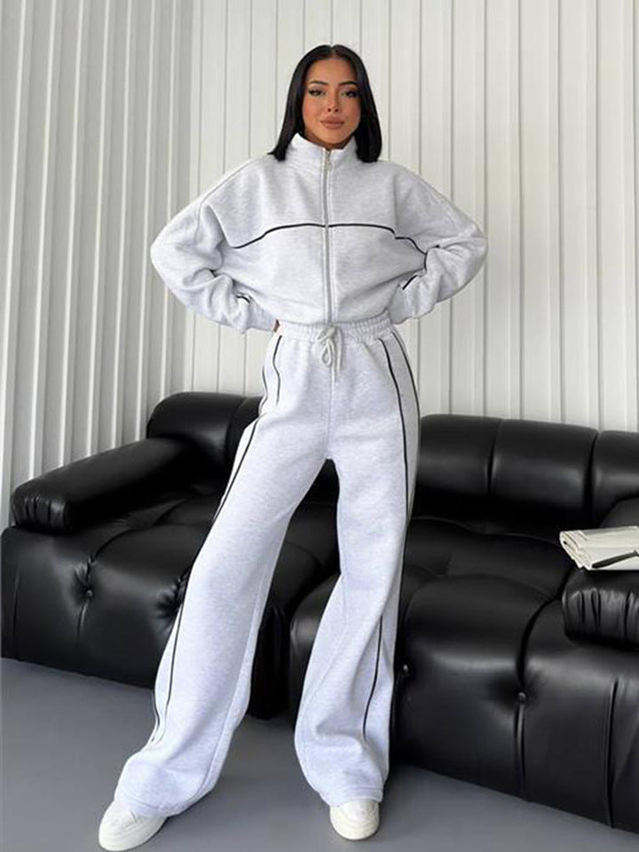 Women's casual sweatset with stand-up collar zip cropped jacket and high-waisted flared pants Mune Fashion
