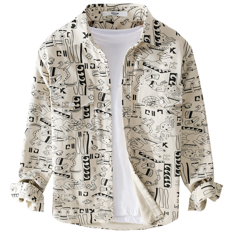 Men's Lightweight Cotton Overshirt with Artistic Line Print and Double Chest Pocket Mune Fashion