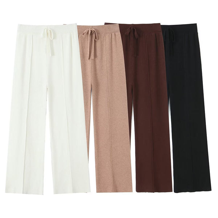 Women Wide Knit Trousers with Ribbed Waistband, Drawstring and Crease Mune Fashion