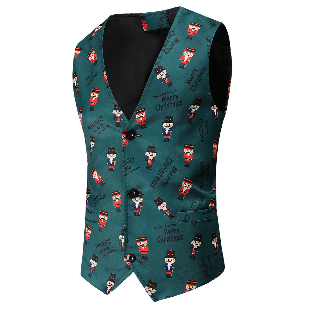 Men's Festive Satin Waistcoat with Christmas Design, Tailored Fit and V-Neck Mune Fashion