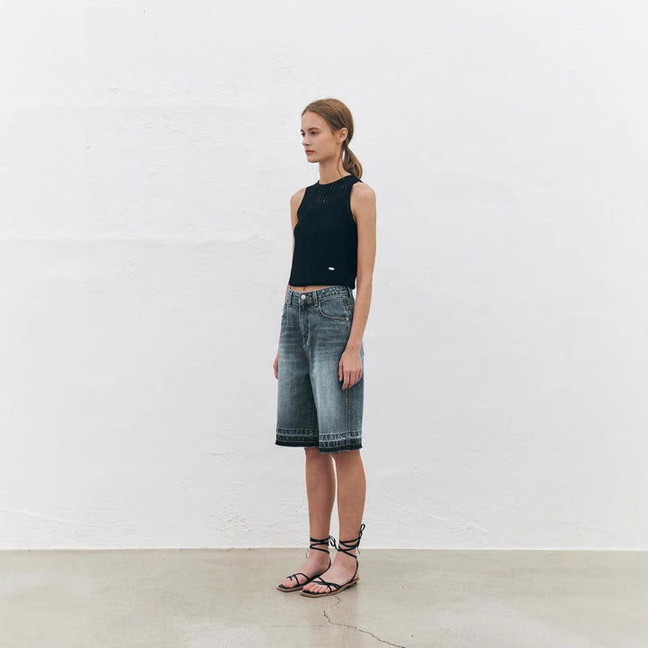 Women's High-Waisted Wide-Leg Denim Shorts with Textured Finish