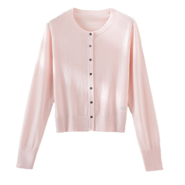 Women's light fine knit cardigan in cropped cut with round neck and continuous button placket Mune Fashion