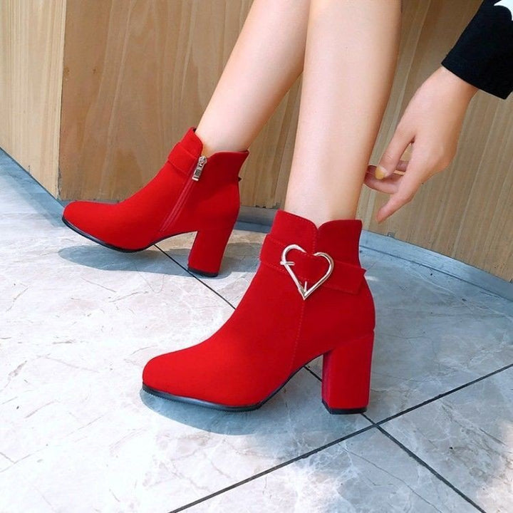 Ladies Elegant Block Heel Ankle Boots with Heart Details Mune Fashion