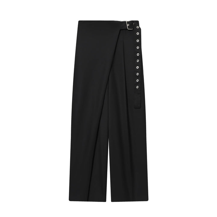 Women's wrap pants with wide leg, decorative eyelet waistband and draped overlapping skirt detail Mune Fashion