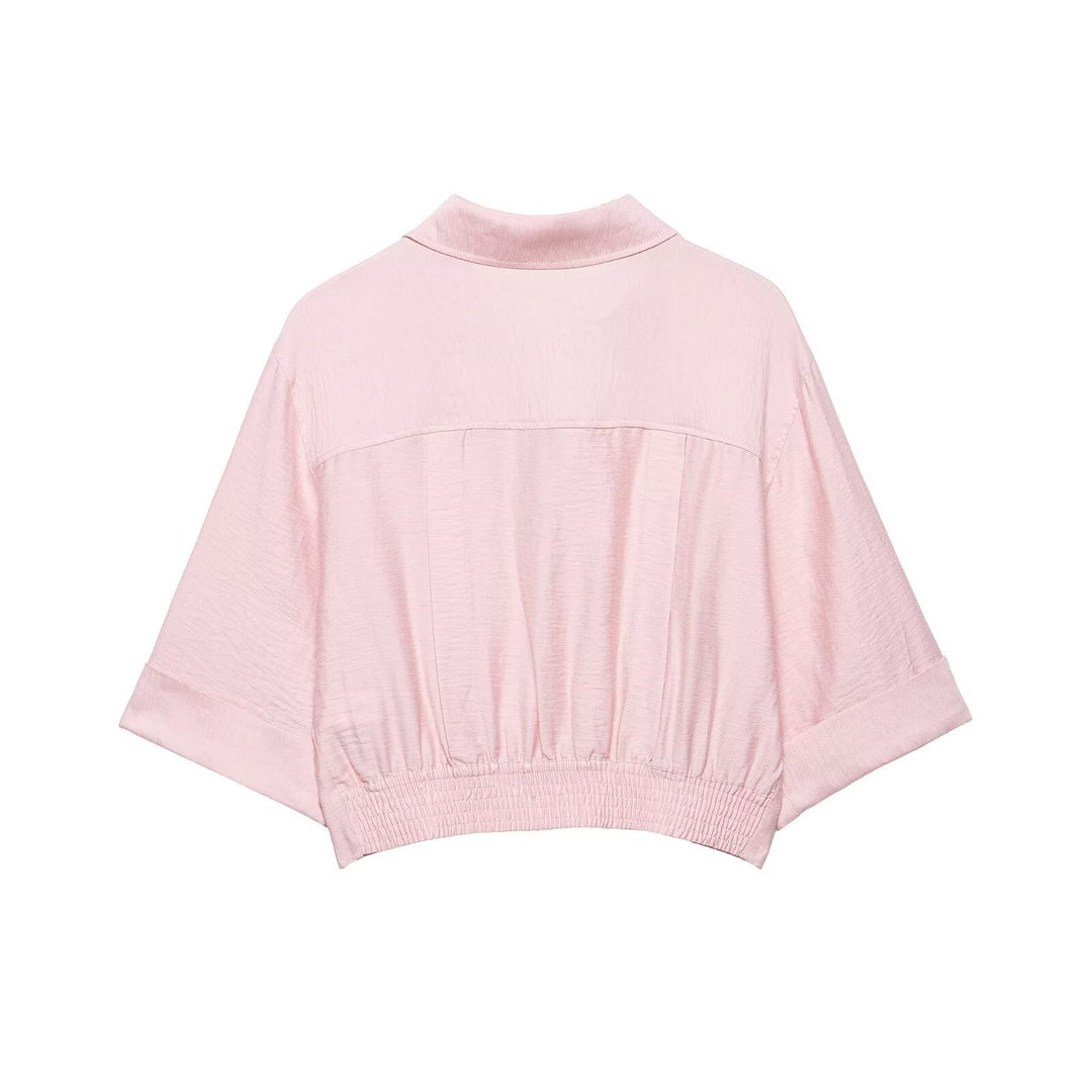 Women's Boxy Cropped Blouse with Shirt Collar, Shortened Hem and Roll-Up Sleeves Mune Fashion