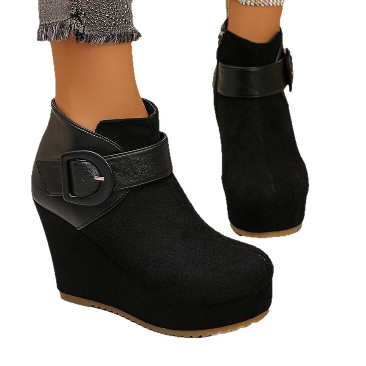 Women's Fashion Wedge Ankle Boots with Zipper and Buckle Detail Mune Fashion