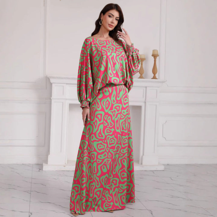 Women's Two-Piece Maxi Skirt Set with Wide A-Line Skirt & Balloon-Sleeved Oversized Top Mune Fashion